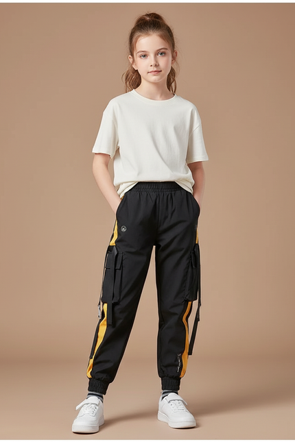 Pantalon Cargo Noir Ample Bandes Jaunes Enfant - Polyester