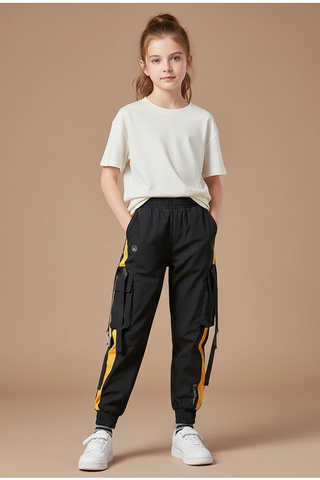 Pantalon Cargo Noir Ample Bandes Jaunes Enfant - Polyester