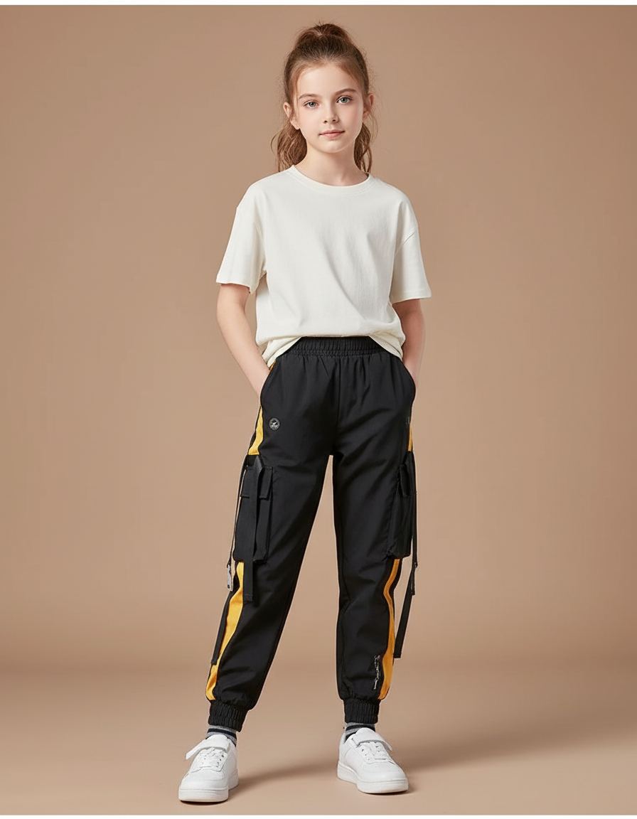 Pantalon Cargo Noir Ample Bandes Jaunes Enfant - Polyester