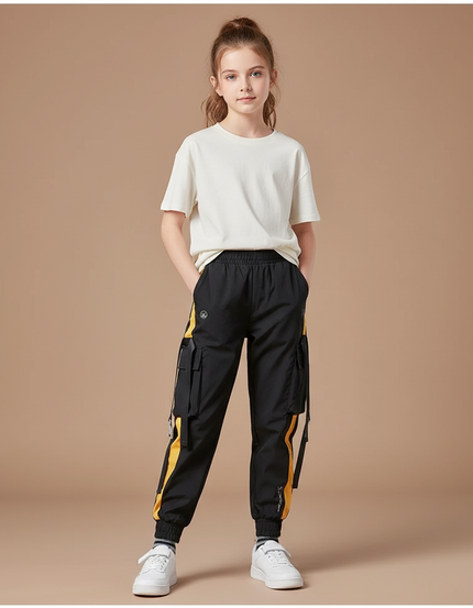 Pantalon Cargo Noir Ample Bandes Jaunes Enfant - Polyester