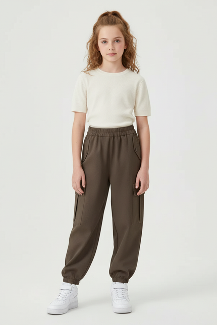 Pantalon Cargo Kaki Ample Multipoches Fille Coton - Molleton