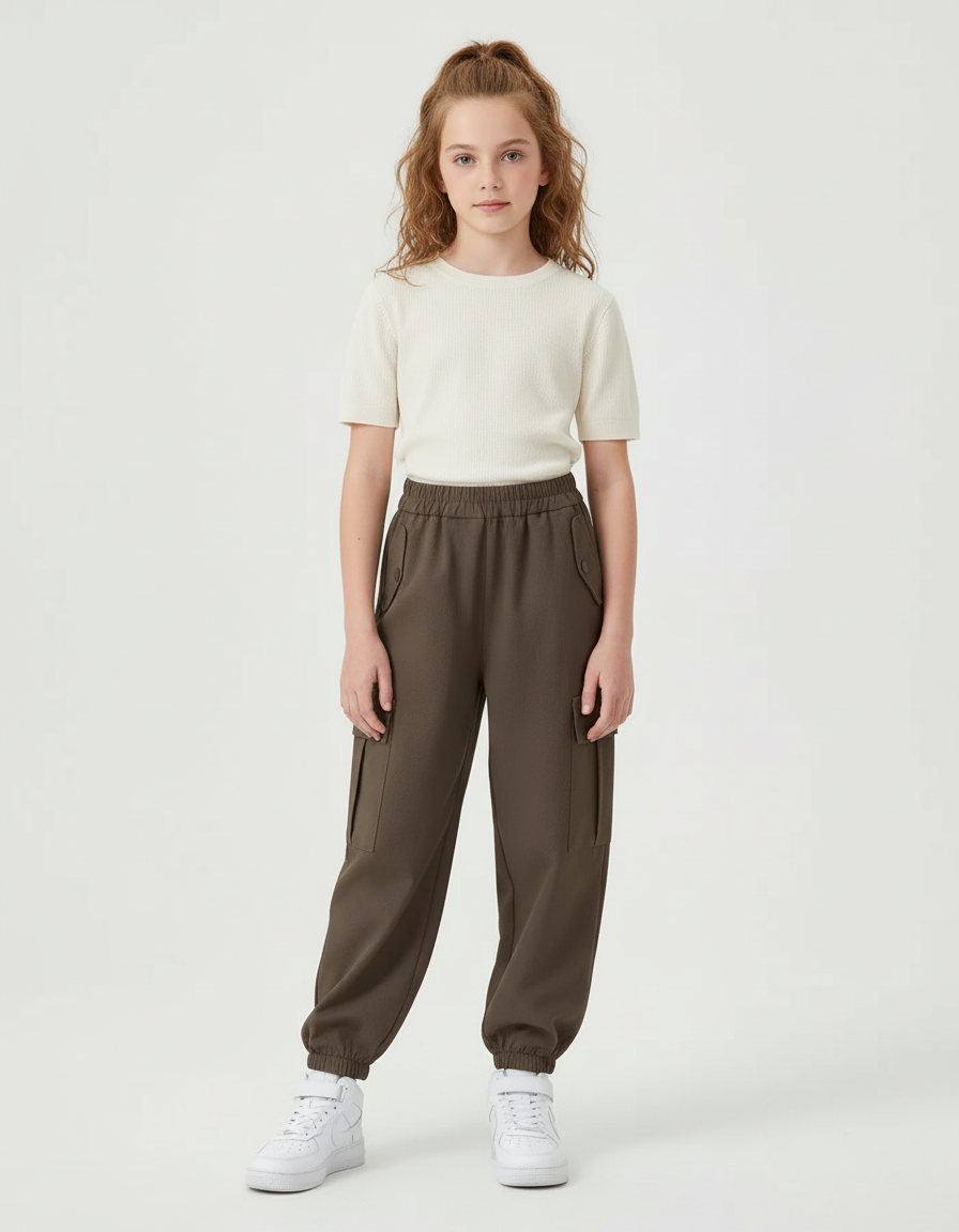 Pantalon Cargo Kaki Ample Multipoches Fille Coton - Molleton