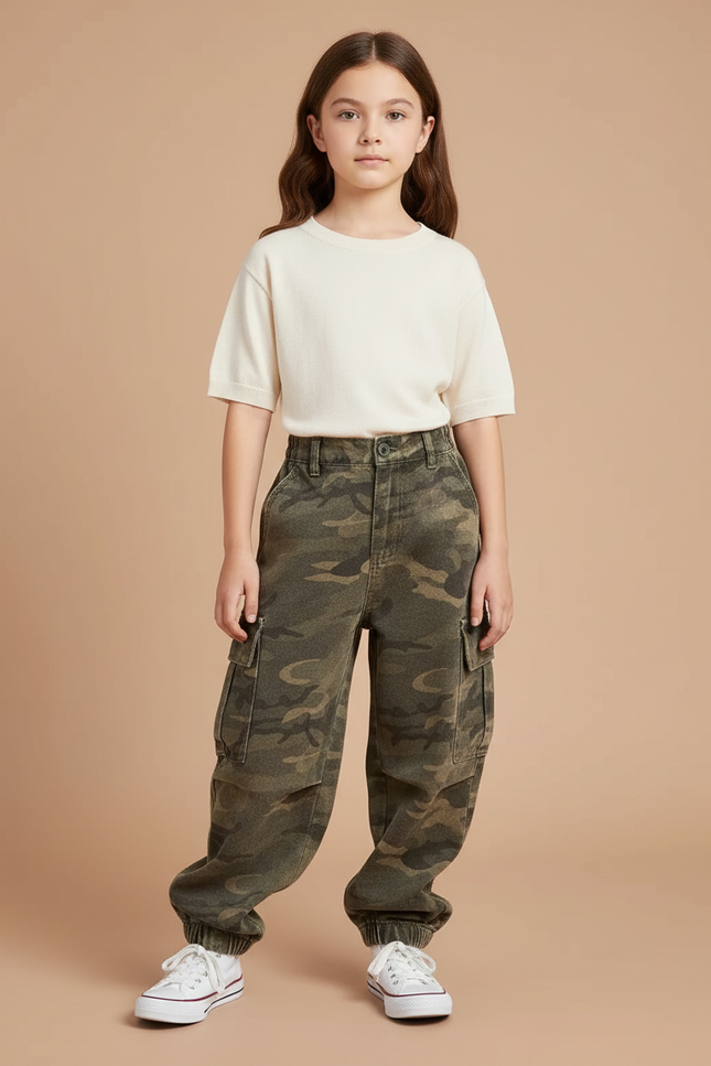 Pantalon Cargo Camouflage Ample Fille Rétro - Kaki Coton