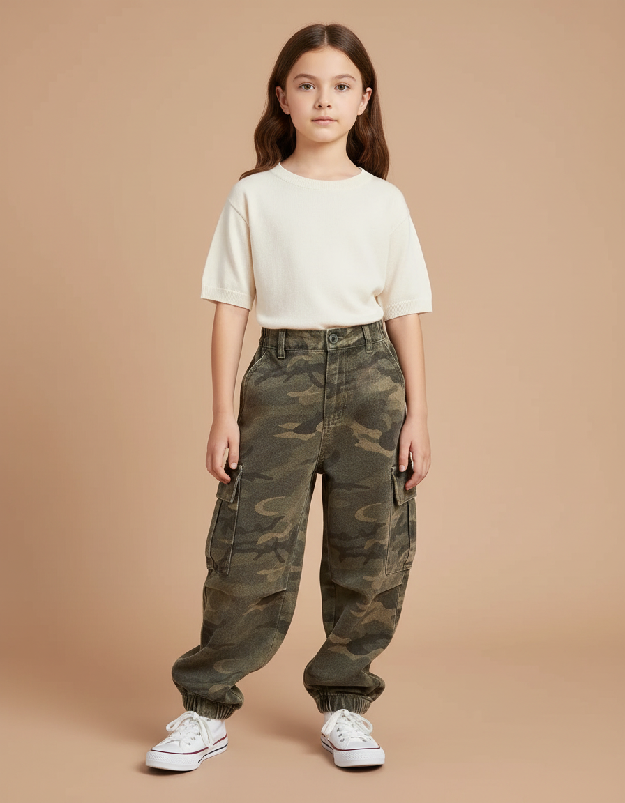 Pantalon Cargo Camouflage Ample Fille Rétro - Kaki Coton