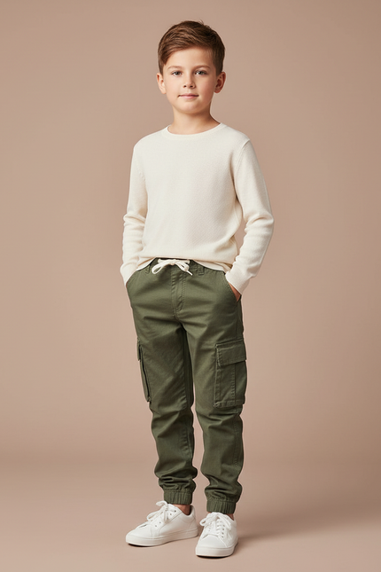 Pantalon Cargo Garçon Vert Olive Jogger - Kaki Coton