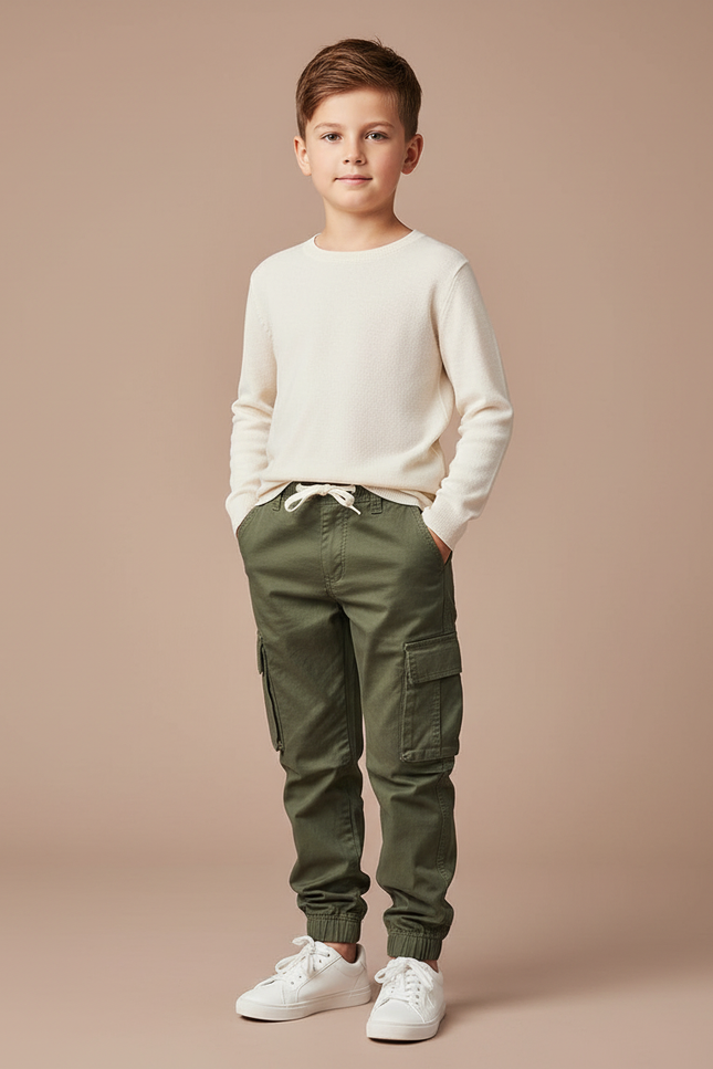 Pantalon Cargo Garçon Vert Olive Jogger - Kaki Coton