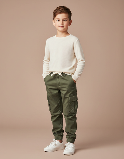 Pantalon Cargo Garçon Vert Olive Jogger - Kaki Coton