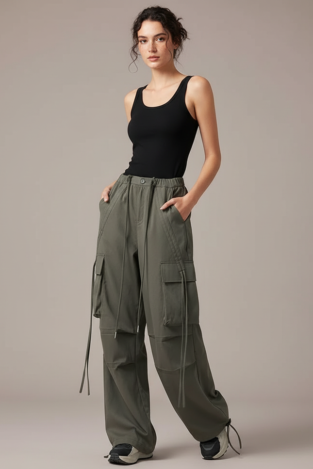 Pantalon Cargo Kaki Ample Décontracté Poches - Toile