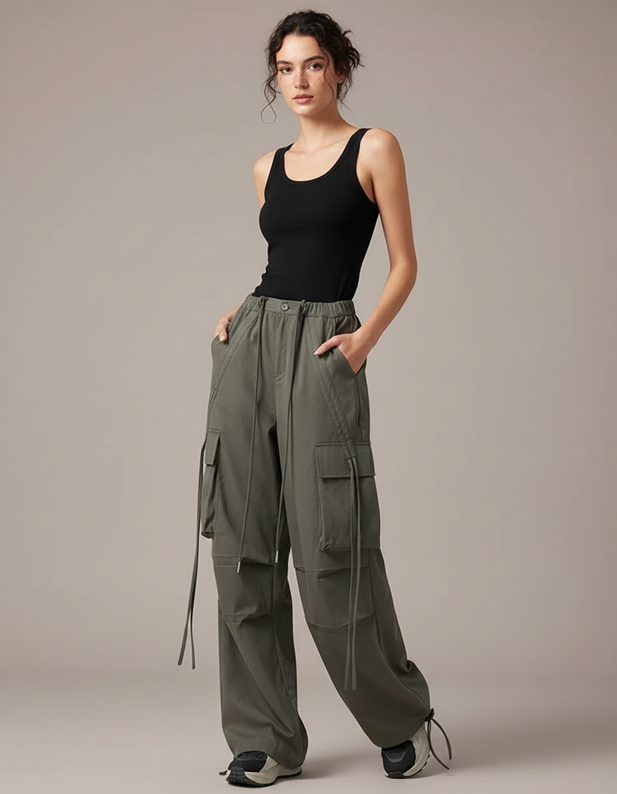 Pantalon Cargo Kaki Ample Décontracté Poches - Toile