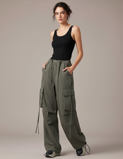 Pantalon Cargo Kaki Ample Décontracté Poches - Toile
