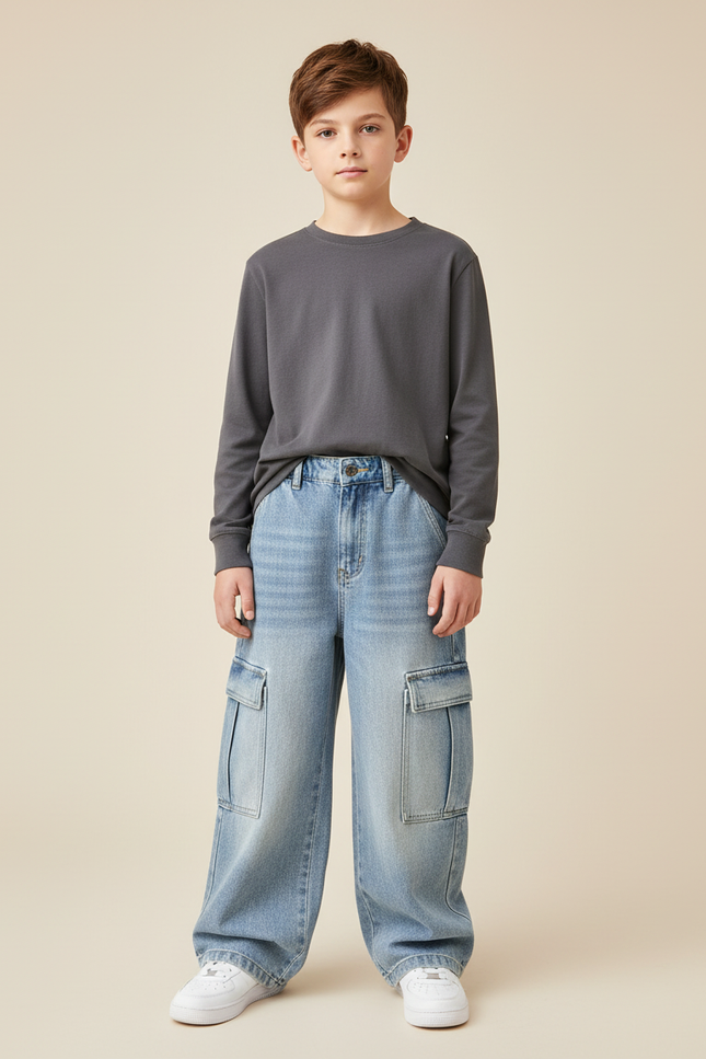 Pantalon Cargo Denim Bleu Ample Garçon Multipoches - Jean