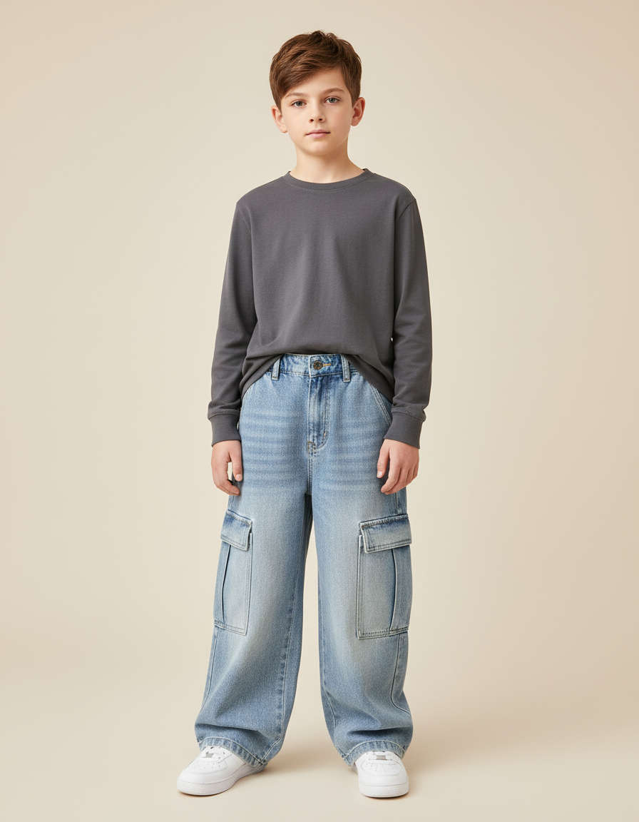 Pantalon Cargo Denim Bleu Ample Garçon Multipoches - Jean