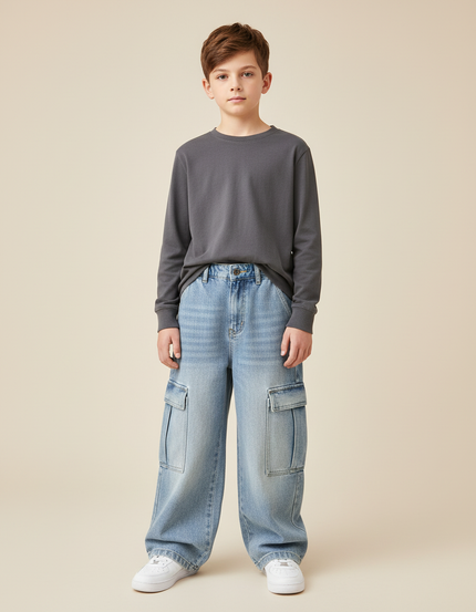 Pantalon Cargo Denim Bleu Ample Garçon Multipoches - Jean