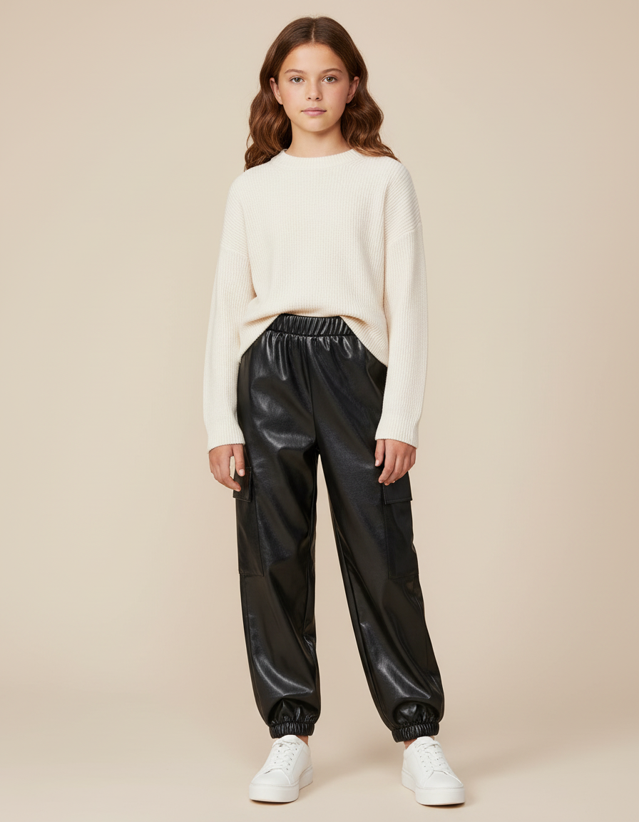 Pantalon Cargo Simili Cuir - Noir