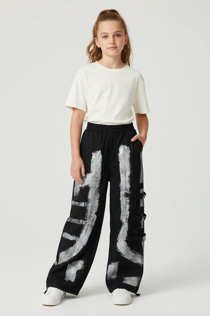 Pantalon Cargo Noir Ample Imprimé Streetwear Enfant - Molleton