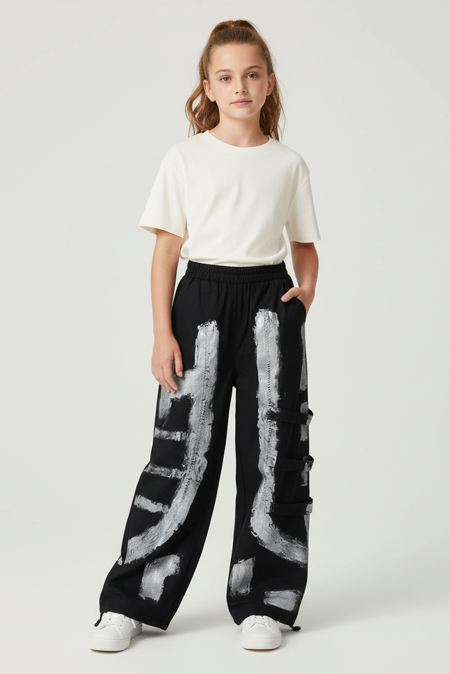 Pantalon Cargo Noir Ample Imprimé Streetwear Enfant - Molleton