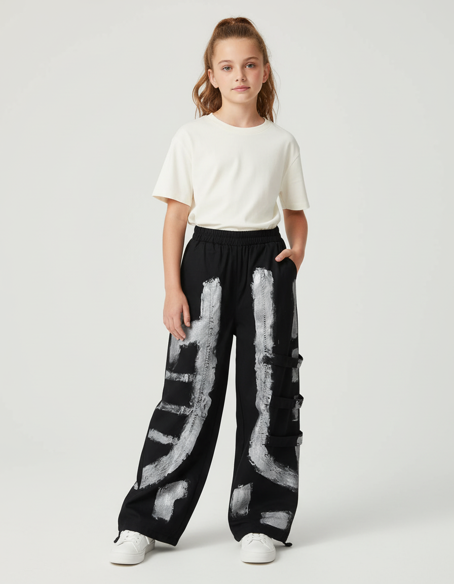 Pantalon Cargo Noir Ample Imprimé Streetwear Enfant - Molleton