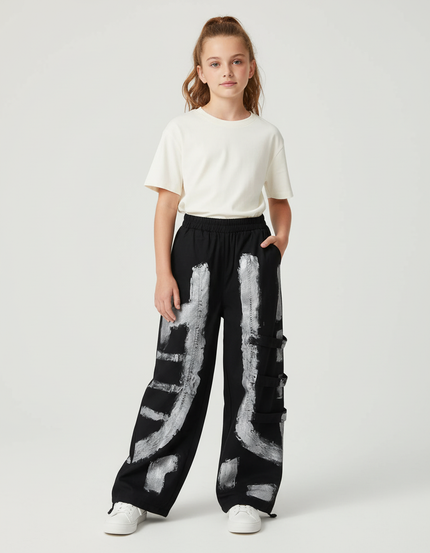 Pantalon Cargo Noir Ample Imprimé Streetwear Enfant - Molleton