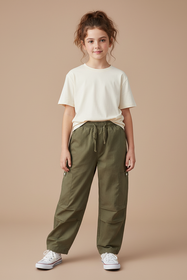 Pantalon Cargo Kaki Ample Décontracté Enfant Multipoches - Toile