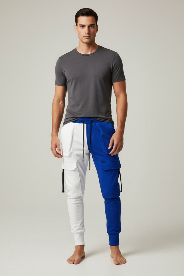 Pantalon Cargo Bicolore Blanc Bleu Ample Multi-Poches - Multicolore Molleton