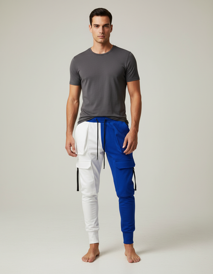 Pantalon Cargo Bicolore Blanc Bleu Ample Multi-Poches - Multicolore Molleton
