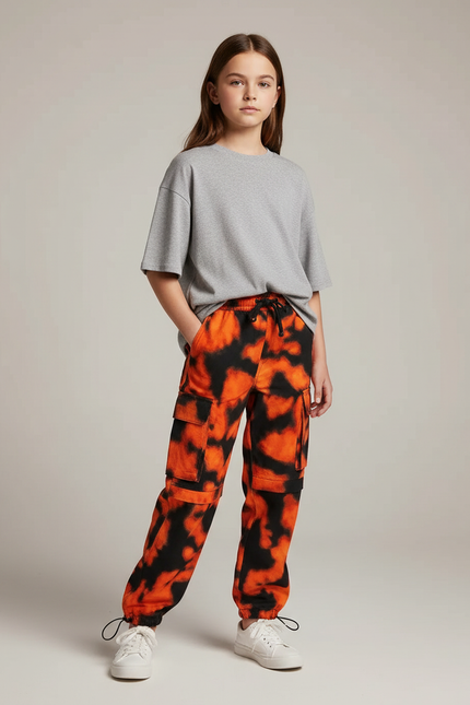 Pantalon Cargo Orange Noir Tie-Dye Ample Enfant - Multicolore Molleton