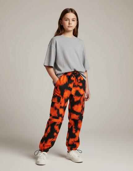 Pantalon Cargo Orange Noir Tie-Dye Ample Enfant - Multicolore Molleton