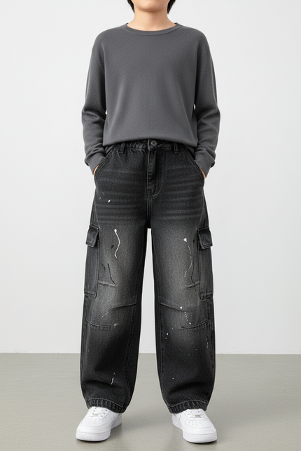 Pantalon Cargo Noir Ample Délavé Multipoches Enfant - Jean