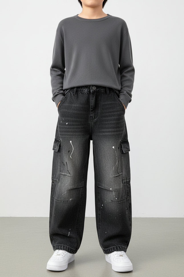 Pantalon Cargo Noir Ample Délavé Multipoches Enfant - Jean