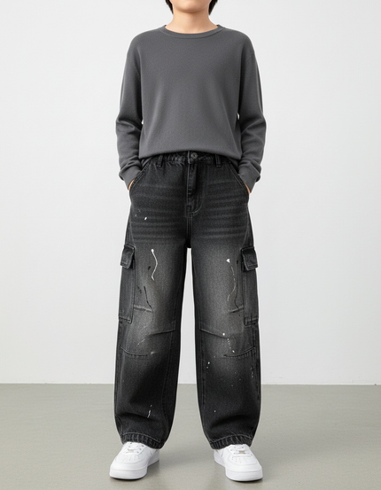 Pantalon Cargo Noir Ample Délavé Multipoches Enfant - Jean