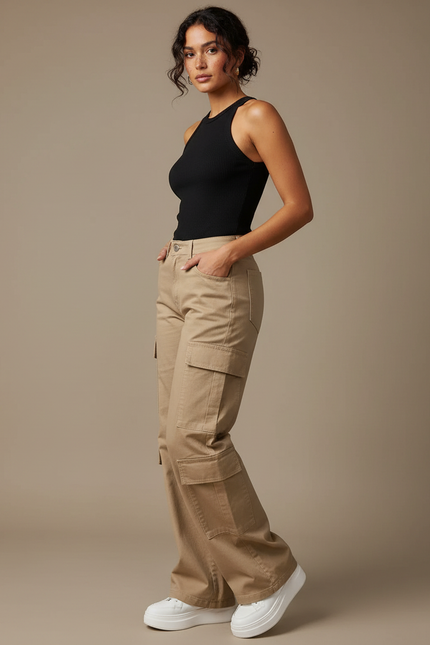 Pantalon Cargo Femme Beige Baggy - Gabardine