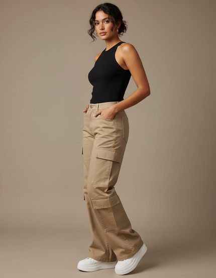 Pantalon Cargo Femme Beige Baggy - Gabardine