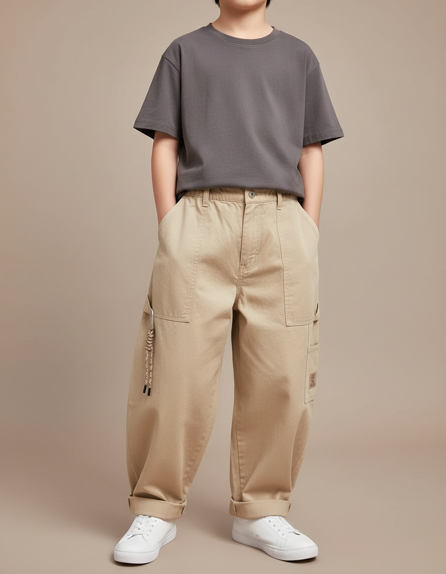 Pantalon Cargo Kaki Ample Coton Décontracté Multi-Poches - Toile
