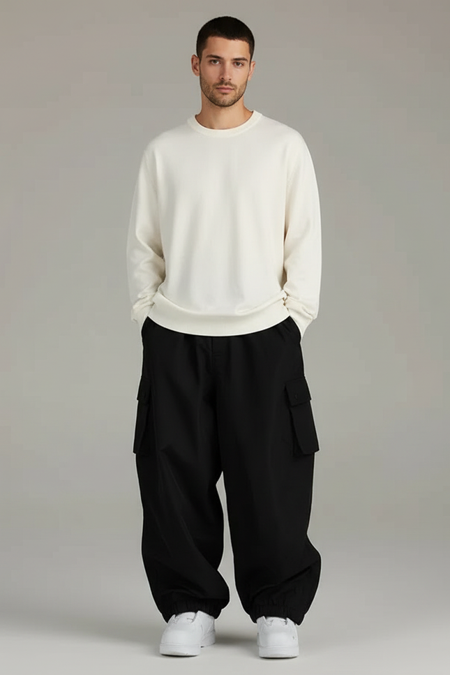 Pantalon Cargo Noir Ample Streetwear Homme Résistant - Polyester
