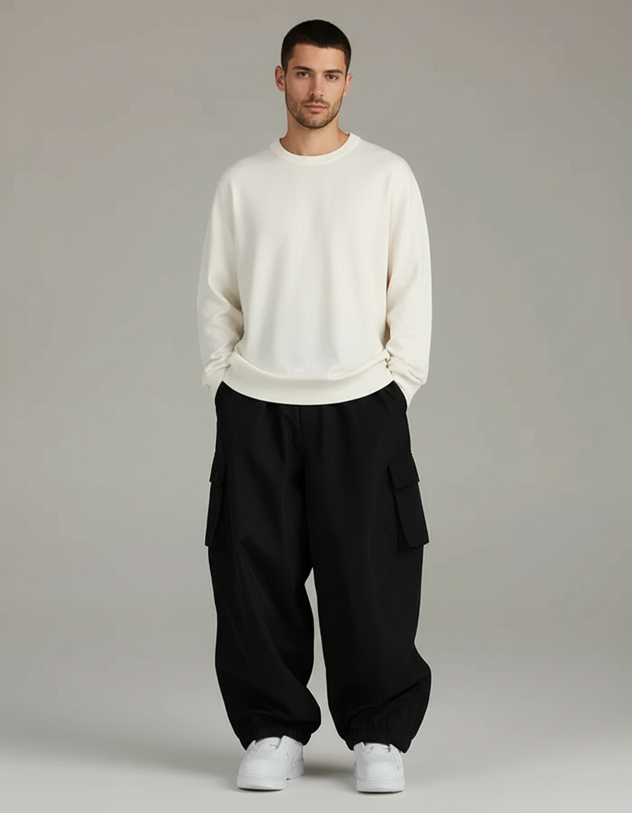 Pantalon Cargo Noir Ample Streetwear Homme Résistant - Polyester