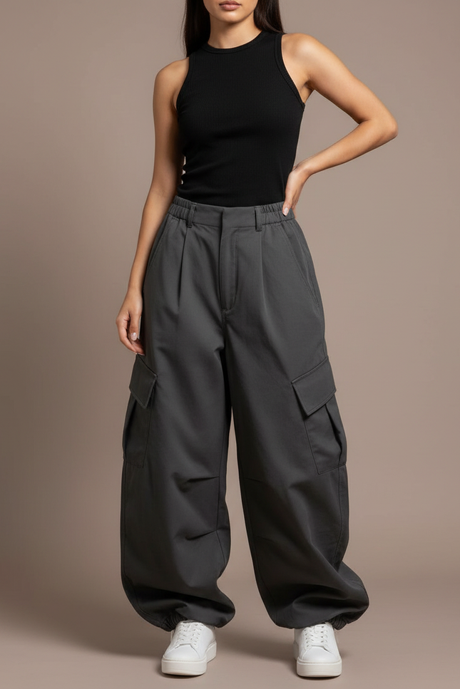 Pantalon Cargo Gris Ample Poches Latérales Femme - Gabardine