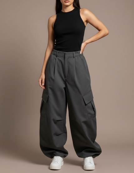 Pantalon Cargo Gris Ample Poches Latérales Femme - Gabardine