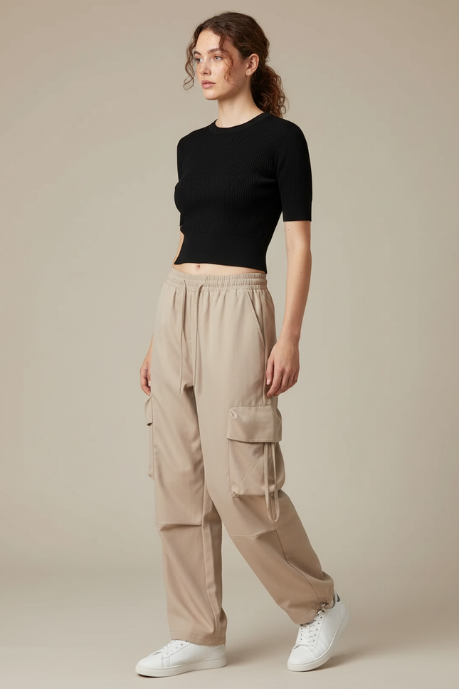 Pantalon Cargo Beige Ample Multipoches Cordon Décontracté - Polyester