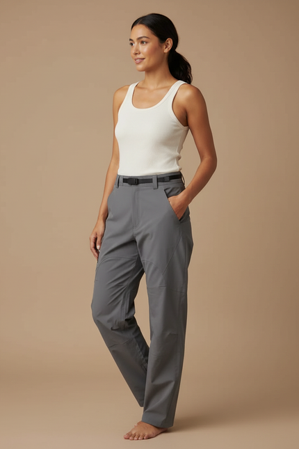 Pantalon Cargo Gris Imperméable Ample Ceinturé Femme - Polyester
