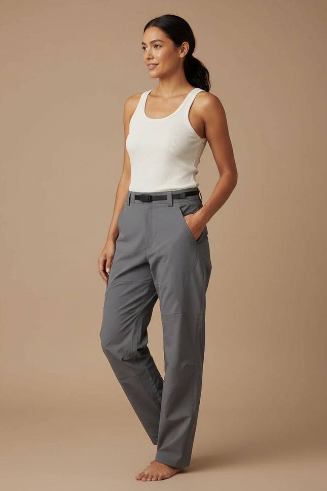 Pantalon Cargo Gris Imperméable Ample Ceinturé Femme - Polyester