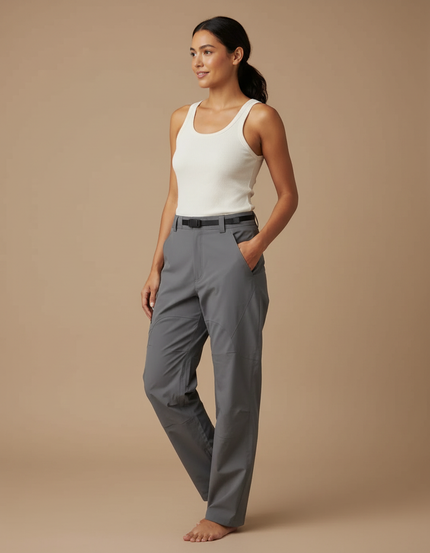 Pantalon Cargo Gris Imperméable Ample Ceinturé Femme - Polyester