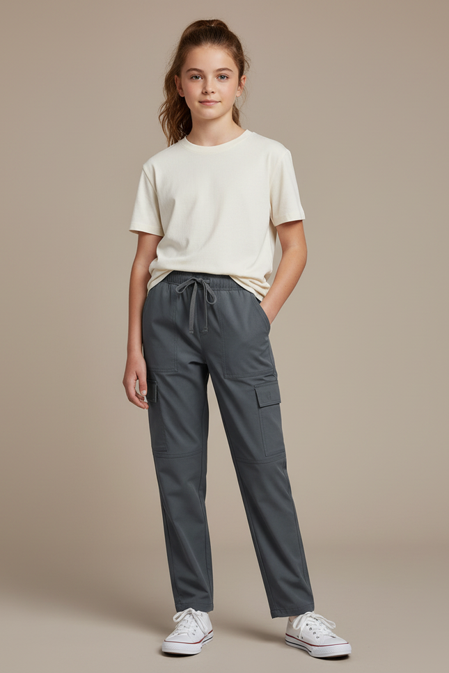Pantalon Cargo Gris Droit Cordon Poches Latérales - Polyester