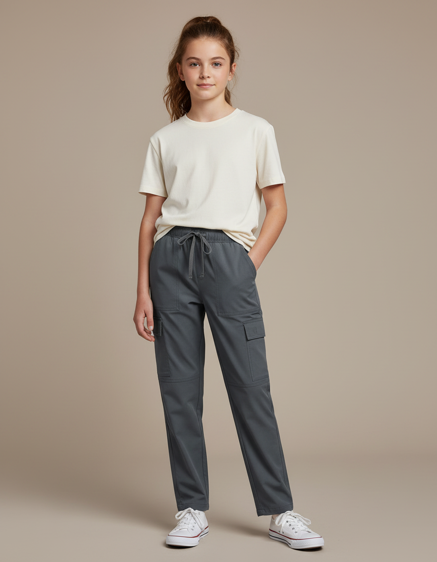Pantalon Cargo Gris Droit Cordon Poches Latérales - Polyester