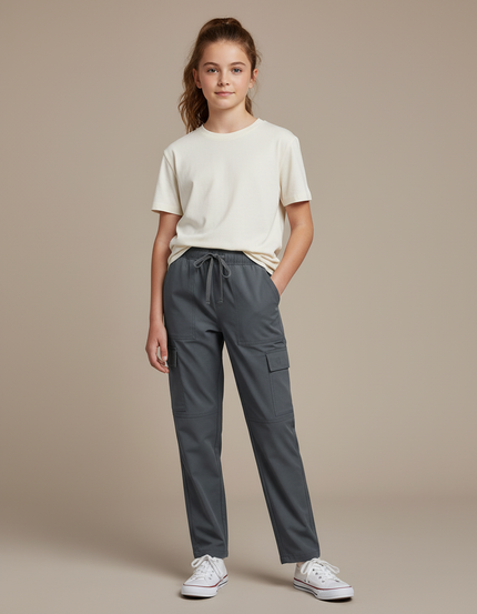 Pantalon Cargo Gris Droit Cordon Poches Latérales - Polyester
