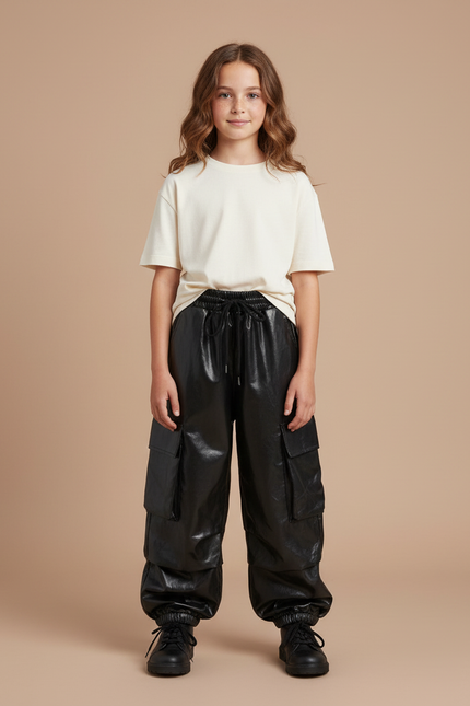 Pantalon Cargo Noir Similicuir Ample Fille Poches - Simili cuir
