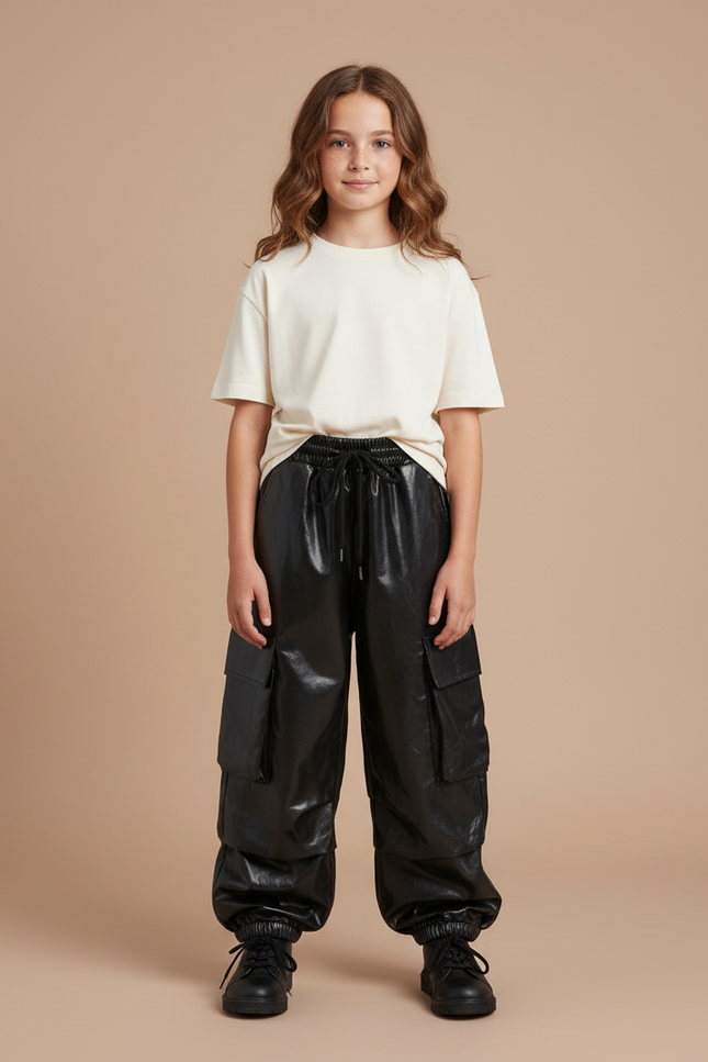 Pantalon Cargo Noir Similicuir Ample Fille Poches - Simili cuir