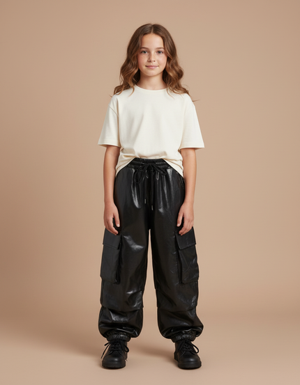 Pantalon Cargo Noir Similicuir Ample Fille Poches - Simili cuir