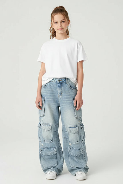 Pantalon Cargo Ample Jean Délavé Multipoches Fille - Bleu
