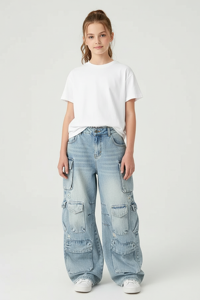 Pantalon Cargo Ample Jean Délavé Multipoches Fille - Bleu