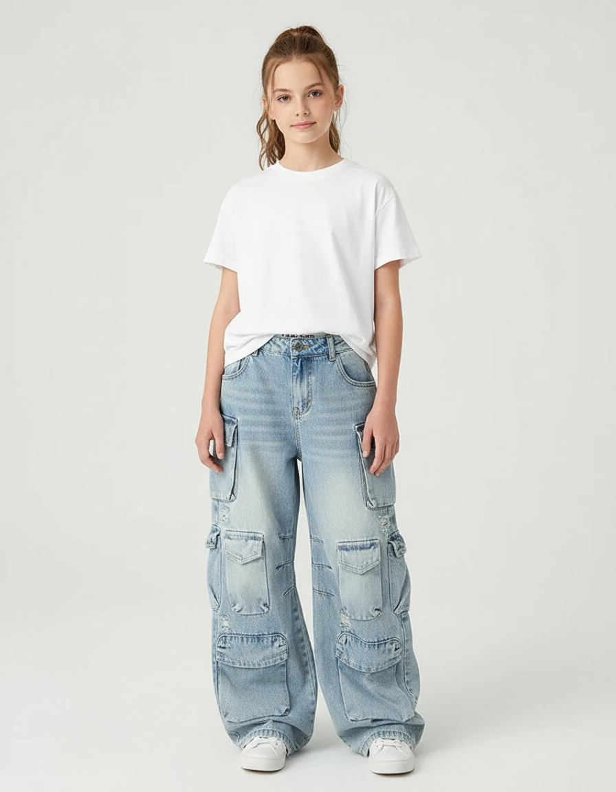 Pantalon Cargo Ample Jean Délavé Multipoches Fille - Bleu